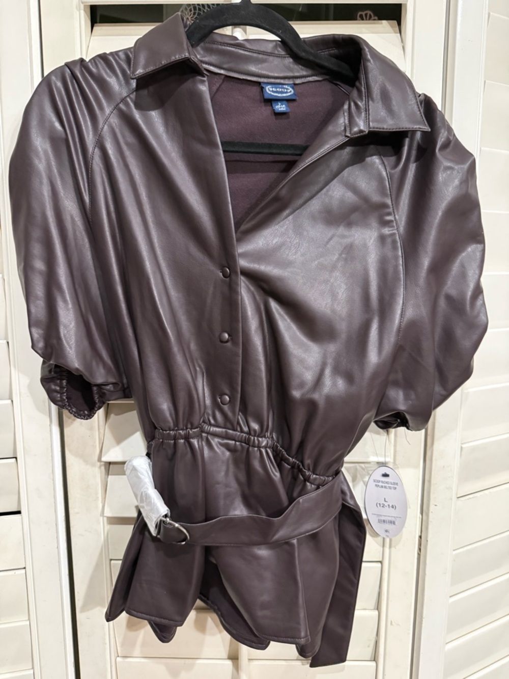 NWT - Scoop Faux Leather Puff Sleeve Belted Top - Chocolate Brown
